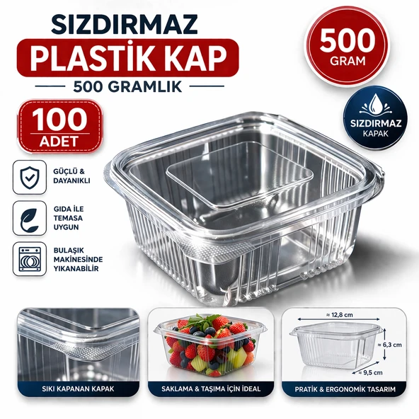 Sızdırmaz Plastik Kap 500 Gr 100 Adet Şeffaf Saklama Kabı Kapaklı Gıda Kabı ürün görseli 1