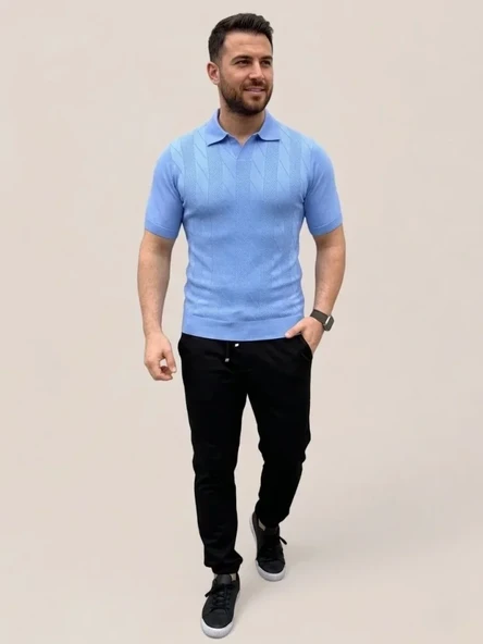 Erkek Günlük Stil Bebek Mavisi Yazlık Triko Dokuma Kısa Kol Polo Yaka Tişört ürün görseli 1