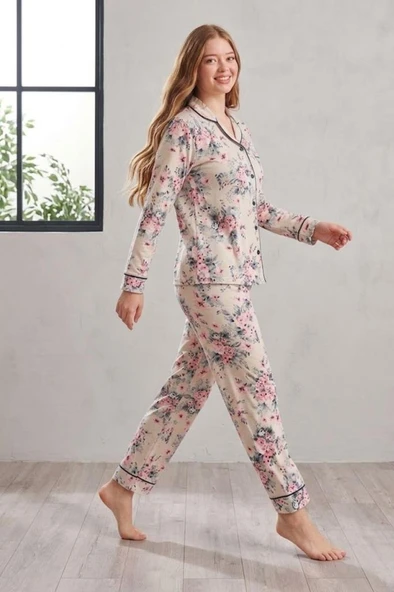 Mecit 6354 Çiçek Desenli Boydan Düğmeli Kadın Pijama Takımı ürün görseli 1