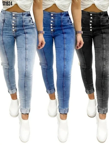 Kadın Rahat Kullanım Yüksek Bel önden Düğmeli Jean Pantolon ürün görseli 1