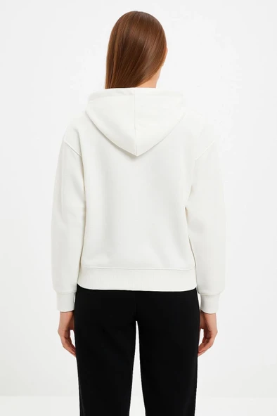 Şardonlu Kadın Beyaz Oversize Hoodie 3 İplik Pamuklu Kumaş, Önü Baskılı, Fermuarlı Rahat Kalıp, Kışlık Ve Sokak Stili Sweat Kapüşonlu Sweatshirt ürün görseli 1