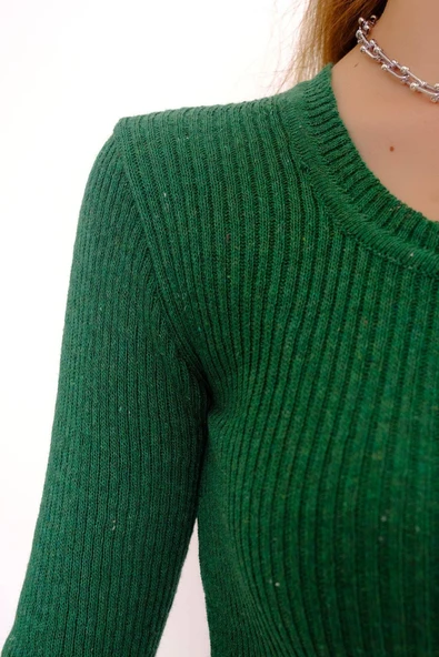 Kadın Modern Stil Bisiklet Yaka Crop Triko Yeşil ürün görseli 1