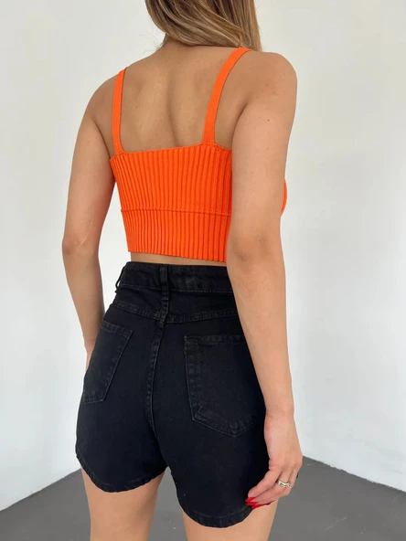 Kadın Modern Stil V Yaka Askılı Crop Triko Turuncu - DF2202 Büstiyer ürün görseli 1