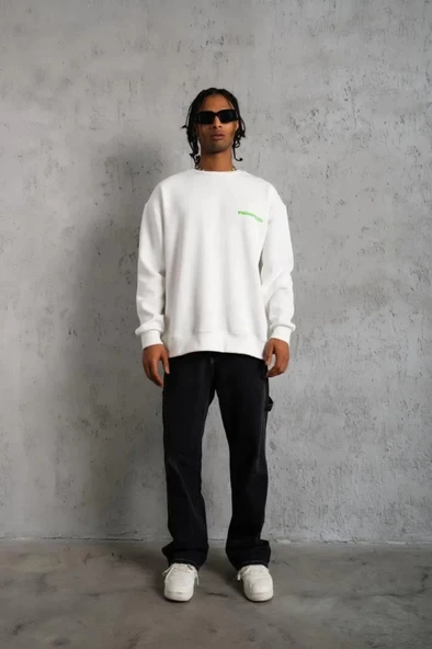 Sırt Baskılı Erkek Günlük Stil Beyaz – Beyaz Ön Ve , Üç İplik İçi Pamuklu Kumaş, Rahat Kalıp, Ribanalı Kışlık Sweat Winagain Polizei Serisi Oversize Sweatshirt ürün görseli 1