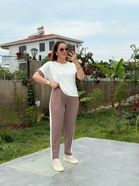 Modal Kadın Kombin Şıklığı Dokulu Kumaş Yanı şeritli Takım ürün görseli 1