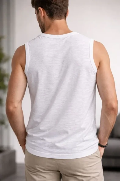 Erkek Beyaz Flamlı Kumaş Sıfır Kolsuz Basic Spor Üst, Günlük Ve Fitness Kullanımına Uygun Atlet ürün görseli 1