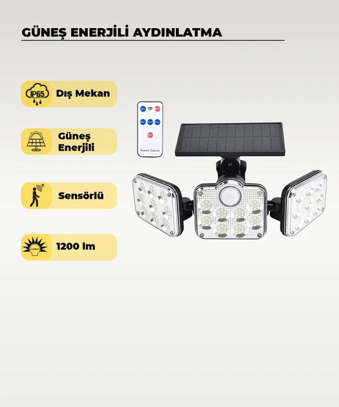 138 LED Solar Projektör Sensörlü Kumandalı 6500K Beyaz Işık 1200 Lümen IP65 Güneş Enerjili Dış Mekan Aydınlatma ürün görseli 1