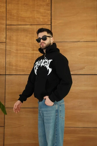 Şardonlu Erkek Siyah Hoodie 3 İplik Pamuklu Kumaş, Önü Baskılı, Fermuarlı Rahat Kalıp, Kışlık Ve Sokak Stili Sweat Kapüşonlu Sweatshirt ürün görseli 1