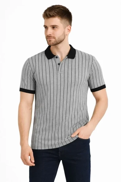 Erkek Günlük Stil Gri Polo Yaka Çizgili Kısa Kol Düğmeli Yazlık Tişört ürün görseli 1