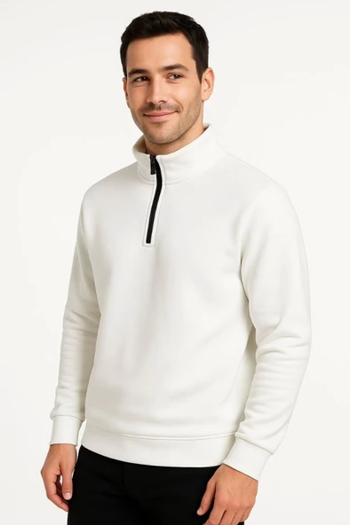 Şardonlu Erkek Sıcak Tutan Beyaz Dik Yaka Dik Yaka Yarım Fermuarlı 3 İplik Pamuk Kumaş Sweatshirt ürün görseli 1