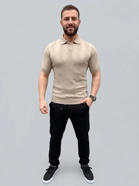Erkek Günlük Stil Bej Yazlık Triko Dokuma Kısa Kol Polo Yaka Tişört ürün görseli 1