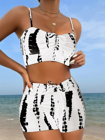 Kadın Kombin Şıklığı Büzgü Detay Askılı Crop Mini Tayt İkili Takım ürün görseli 1