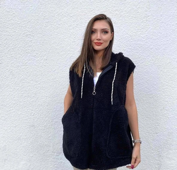 Kadın Günlük Şıklık Kapüşon Ve Fermuar Detay Welsoft Kolsuz Yelek ürün görseli 1