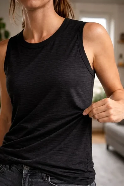 Kadın Siyah Flamlı Kumaş Sıfır Kolsuz Basic Spor Üst, Günlük Ve Fitness Kullanımına Uygun Atlet ürün görseli 1