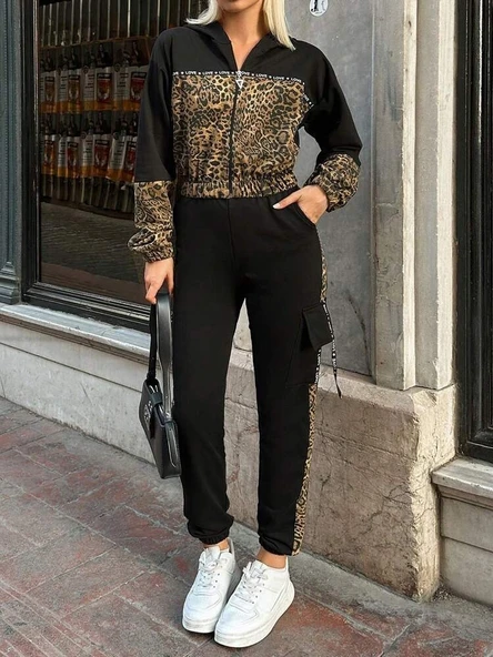 Desenli Kadın Sokak Stili Uzun Kollu Kapüşonlu Leopar Viskon İki İplik Bluz Ve Pantolon İkili Takım ürün görseli 1