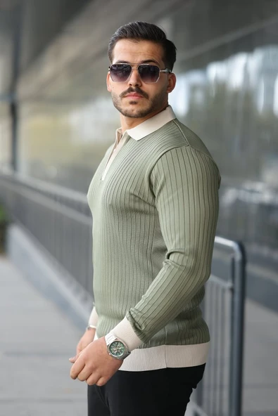 Erkek Modern Stil Kol Ve Yaka Detaylı Uzun Kollu Triko ürün görseli 1