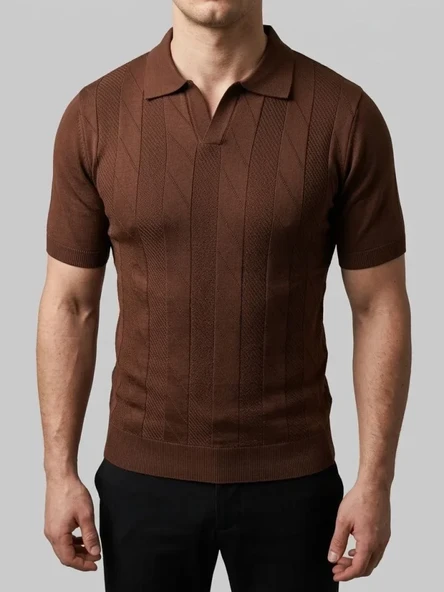 Erkek Günlük Stil Kahverengi Yazlık Triko Dokuma Kısa Kol Polo Yaka Tişört ürün görseli 1