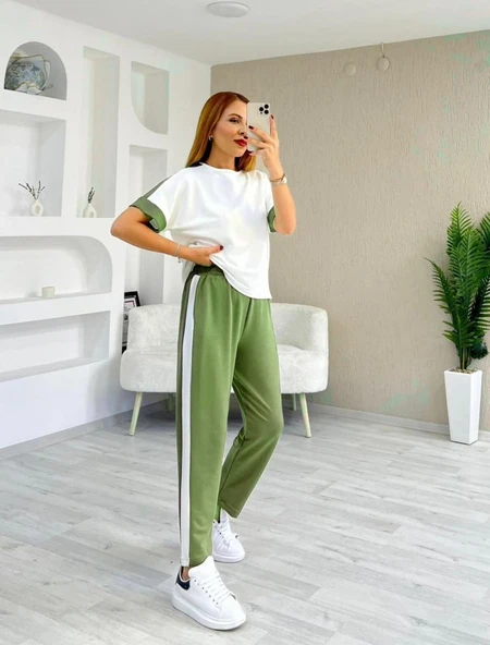 Modal Kadın Kombin Şıklığı Dokulu Kumaş Yanı şeritli Takım ürün görseli 1