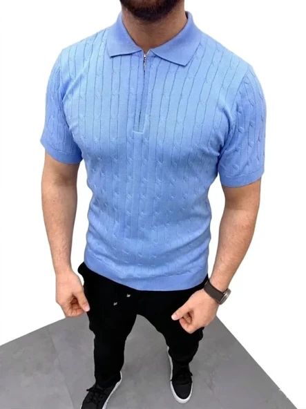 Erkek Günlük Stil Bebe Mavisi Yazlık Triko Saç Örgü Kısa Kol Polo Yaka Fermuarlı Tişört ürün görseli 1