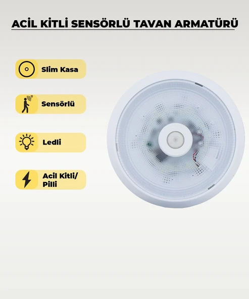 Acil Kitli Pilli LED Sensörlü Slim Tavan Armatürü 6500K Beyaz Işık Şarjlı Acil Aydınlatma ürün görseli 1