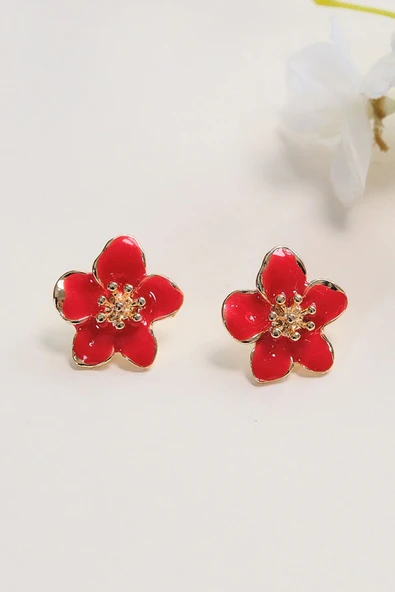Altın Kaplama Kırmızı Sakura Çiçeği Küpe ürün görseli 1