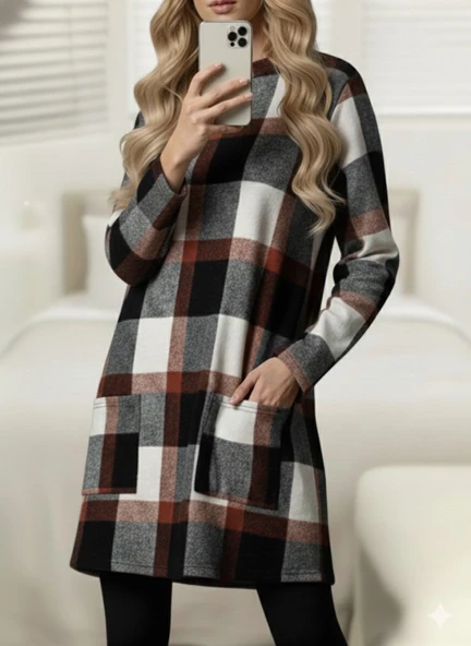 Kadın Modern Stil Uzun Kollu Yarı Balıkçı Yakalı Cep Detaylı Ekoseli Dokuma Tunik ürün görseli 1