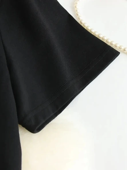 Baskılı Kadın Salaş Stil Siyah Oversize Bisiklet Yaka Tişört ürün görseli 1
