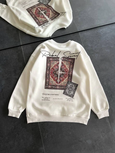 Baskılı Kadın Günlük Stil Beyaz Bisiklet Yaka Sweatshirt ürün görseli 1