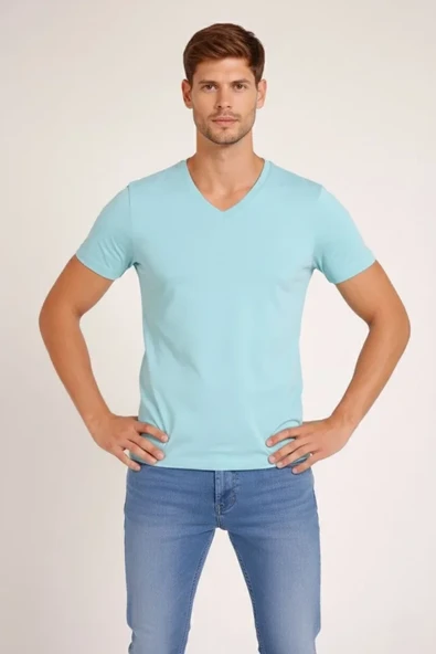 Erkek Turkuvaz V Yaka Slim Fit Dar Kesim Likralı Günlük Basic Body Tişört ürün görseli 1