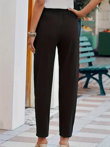 Kadın Rahat Kullanım Beli Lastikli Keten Pantolon ürün görseli 1