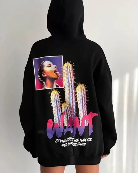 Üç İplik Şardonlu Kadın Sıcak Tutan Siyah Kalın Dokulu Oversize Sweatshirt ürün görseli 1