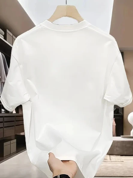 Baskılı Kadın Salaş Stil Beyaz Oversize Bisiklet Yaka Tişört ürün görseli 1
