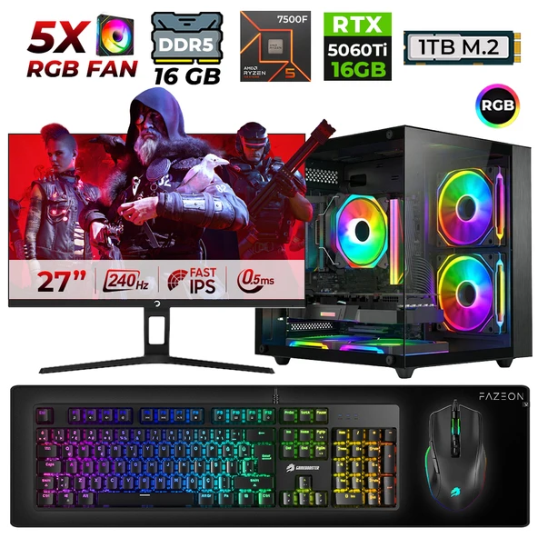 Xaser Live X70 Ryzen 5 7500F 16GB DDR5 Ram 1TB M.2 Nvme SSD 16GB RTX5060 Ti 27"240Hz Masaüstü Oyuncu Bilgisayarı ürün görseli 1