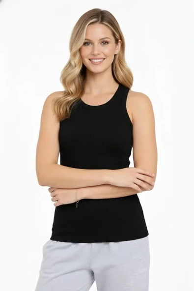 Arka Baskılı Kadın Fit Duruş Siyah Fitilli Atlet Sıfır Yaka Slim Fit Spor Atlet ürün görseli 1
