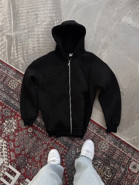 Kadın Salaş Stil Siyah Oversize Tam Fermuarlı Uzun Kol Hırka ürün görseli 1