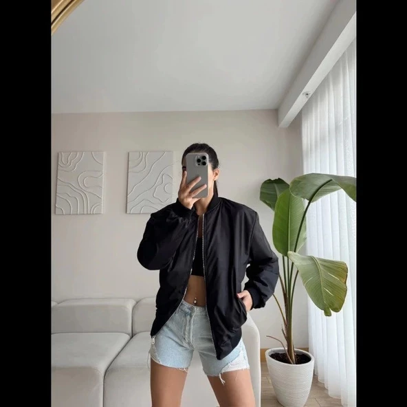Unisex Şehir Stili Siyah İçi Astarlı Düz Bomber Ceket ürün görseli 1