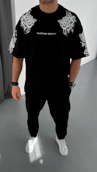 Baskılı Unisex Günlük Stil Siyah Flok Kabartma Tişört ürün görseli 1