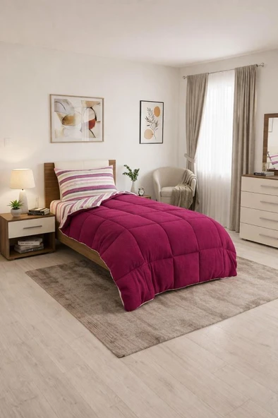 Sherpa Peluş Tek Kişilik Lastikli Çarşaflı Comforter Set Mürdüm ürün görseli 1
