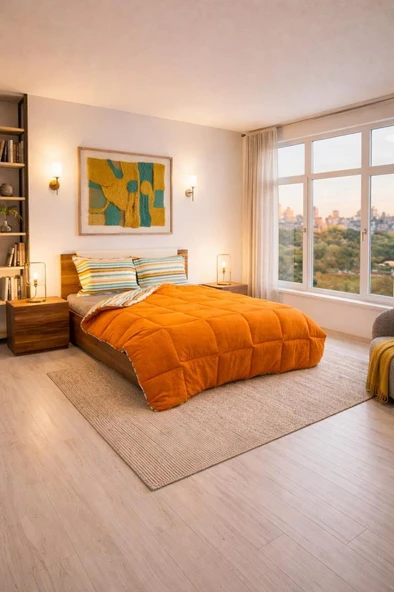 Sherpa Peluş Çift Kişilik Lastikli Çarşaflı Comforter Set Turuncu ürün görseli 1
