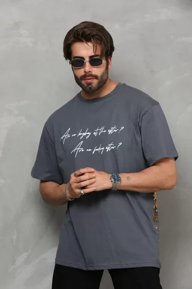 Baskılı Unisex Günlük Stil Füme Rengi Eskitme Efektli Oversize Tişört ürün görseli 1
