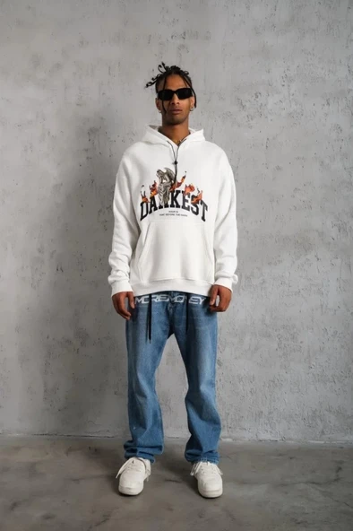 Baskılı Erkek Beyaz Oversize – Beyaz Üç İplik İçi Pamuklu Kanguru Cepli Hoodie Rahat Kalıp Kışlık Günlük Kombinlere Uygun Kapüşonlu Sweatshirt ürün görseli 1