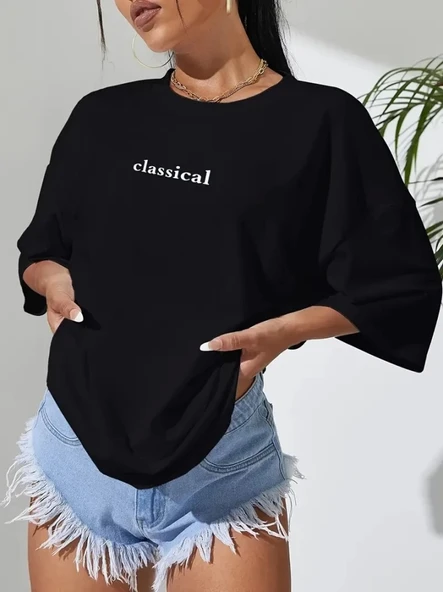 Baskılı Kadın Salaş Stil Siyah Oversize Bisiklet Yaka Tişört ürün görseli 1