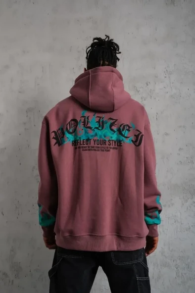 Baskılı Erkek Günlük Stil Gül Kurusu Üç İplik İçi Pamuklu Alev Kapüşonlu Sweatshirt ürün görseli 1