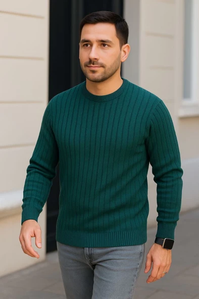 Fitilli Dokuma Erkek Günlük Şıklık Haki Bisiklet Yuvarlak Yaka Pamuklu Kalın , Regular Fit Uzun Kollu Kışlık Model Triko Kazak ürün görseli 1
