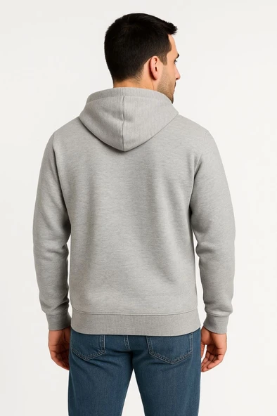 Erkek Sokak Stili Gri Üç İplik Kapüşonlu Tam Fermuarlı Kanguru Çepli Hoodie Sweatshirt ürün görseli 1