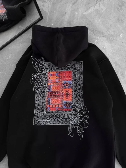 Arka Baskılı Kadın Sokak Stili Siyah Uzun Kol Kapüşonlu Ön Ve Sweatshirt ürün görseli 1