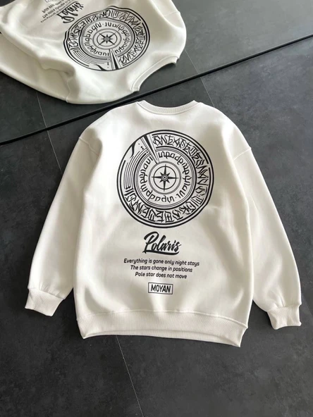 Arka Baskılı Kadın Günlük Stil Beyaz Kışlık Bisiklet Yaka Ön Ve Sweatshirt ürün görseli 1