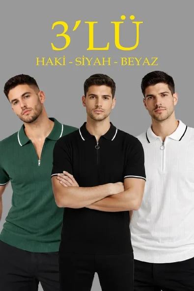 Erkek Günlük Stil Beyaz, Haki, Siyah 3’lü Paket Dokuma Triko Fermuarlı Yakalı Fitilli Kısa Kollu Regular Fit Tişört ürün görseli 1