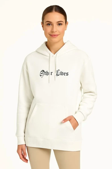 Arka Baskılı Kadın Sokak Stili Üç İplik Kapüşonlu ön Ve Hoodie- Beyaz Sweatshirt ürün görseli 1