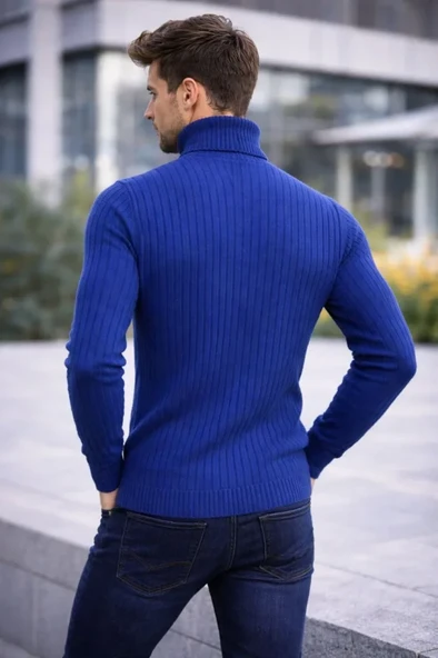 Fitilli Dokuma Erkek Günlük Şıklık İndigo Balıkcı Yaka Bağazlı Pamuklu Kalın , Regular Fit Uzun Kollu Kışlık Model Triko Kazak ürün görseli 1